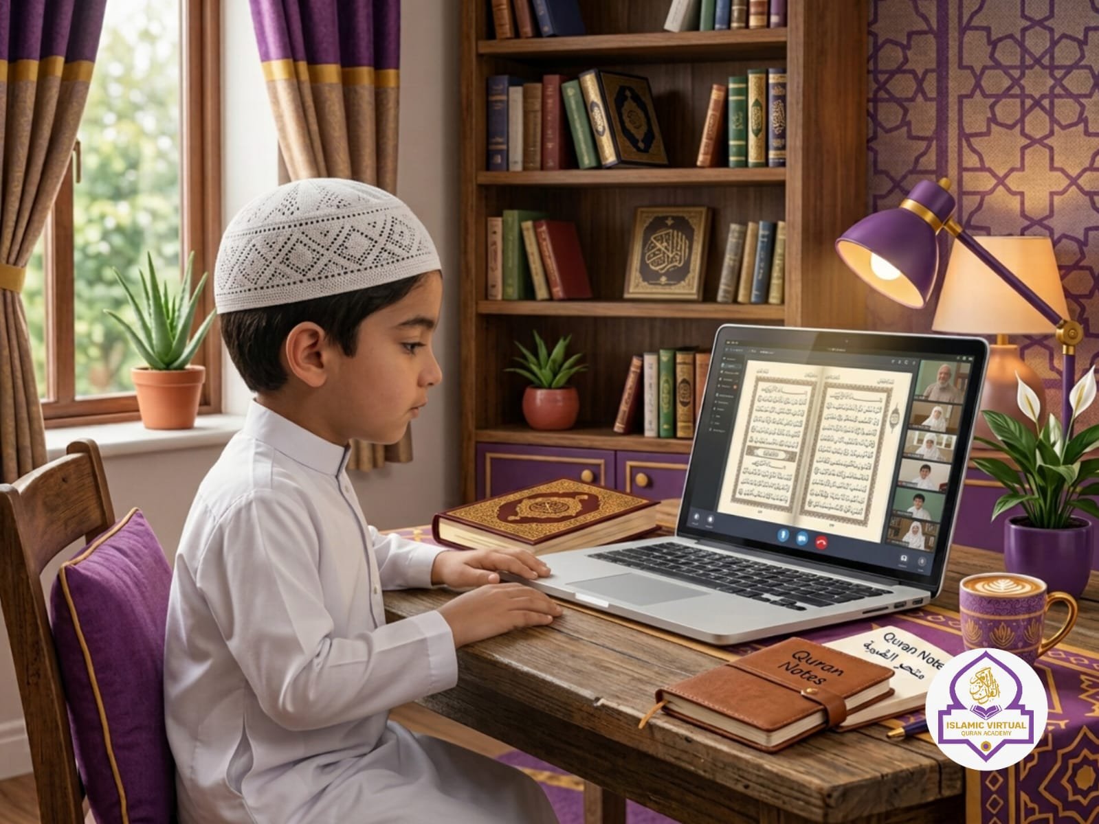 Muslim child learning Quran online with a laptop at home