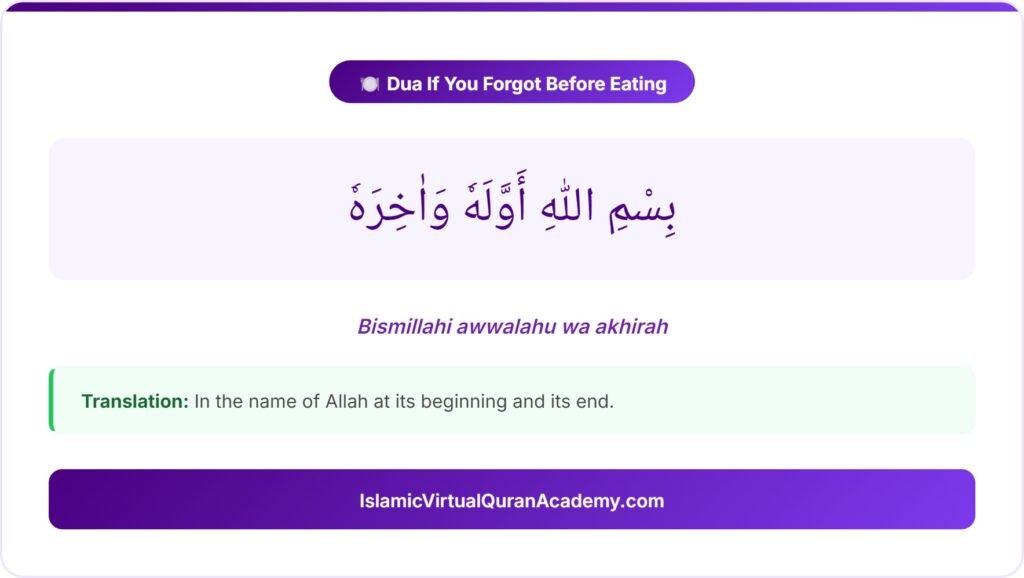 Dua if you forgot to say Bismillah before eating in Arabic